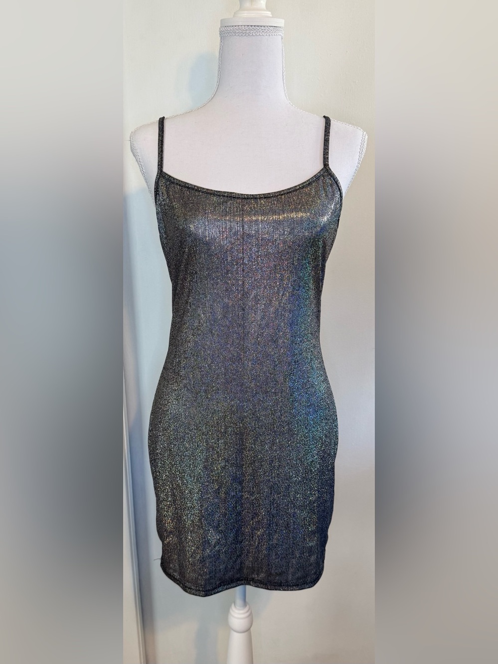 Vintage Metallic Shimmer Mini Slip Dress Spaghetti Strap Glitter Party Small